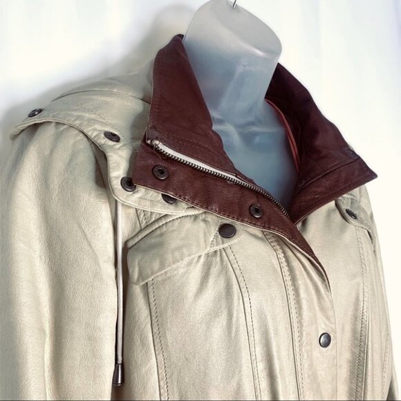 DANIER LEATHER CREAM BROWN HOODED WOMAN JACKET ELASTIC WAISTBAND SIZE ME… - Picture 4 of 15
